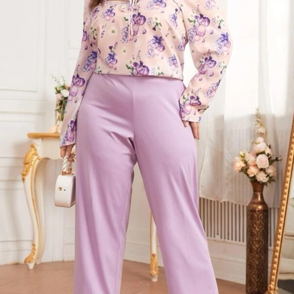 Plus Floral Print Tie Neck Top and Pants (2 Piece) - Picture 1 of 2